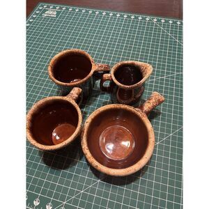 Vintage Hull Oven Proof Brown Drip Stoneware 2 mugs, Creamer , Ramekin
